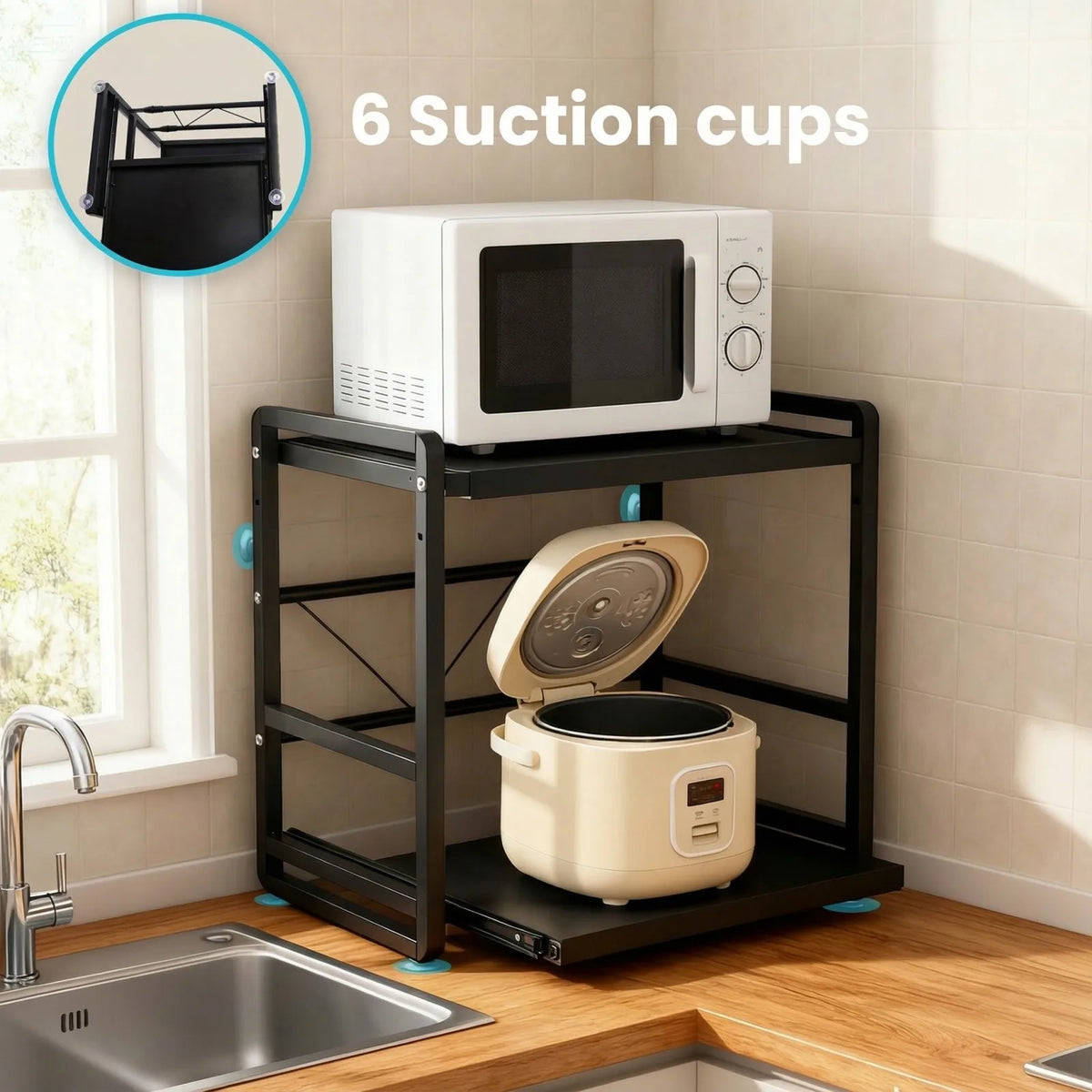 Expandable 2-Tier Microwave Rack Shelf with Hooks & Suction Cups Kitchen Shelf Rack SWANS