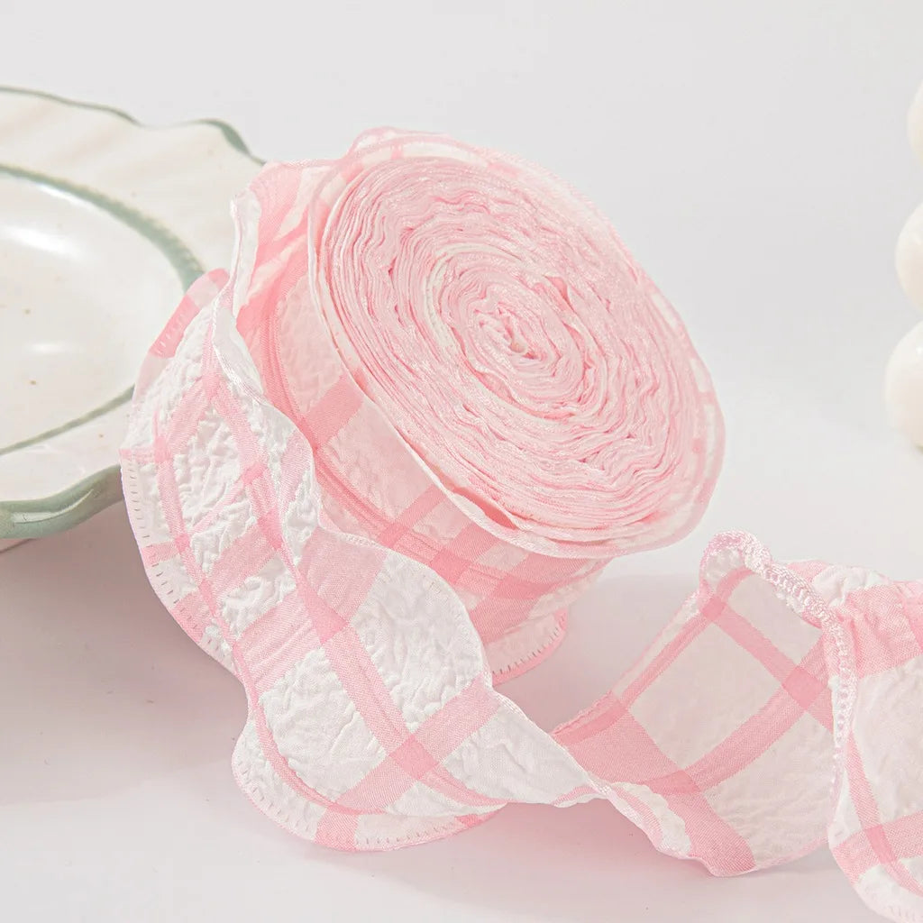 Ruffled Gingham Check Ribbon – 4cm x 10 Yards for DIY Crafts Craft Ribbon SWANS Pink White