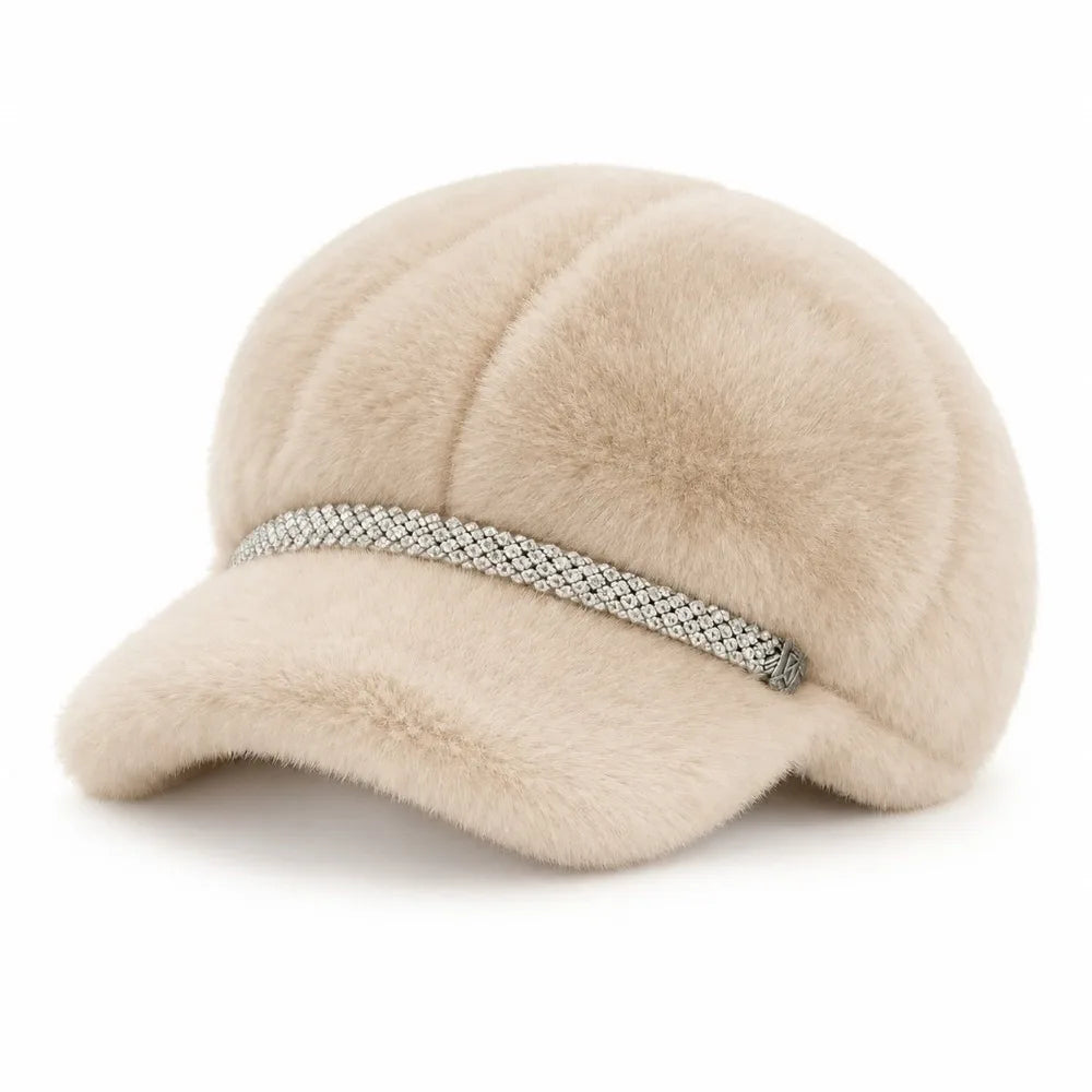 Faux Mink Fur Newsboy Beret – Rhinestone Strap Women's Winter Hat Faux Fur Beret SWANS Beige