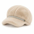 Faux Mink Fur Newsboy Beret – Rhinestone Strap Women's Winter Hat Faux Fur Beret SWANS Beige