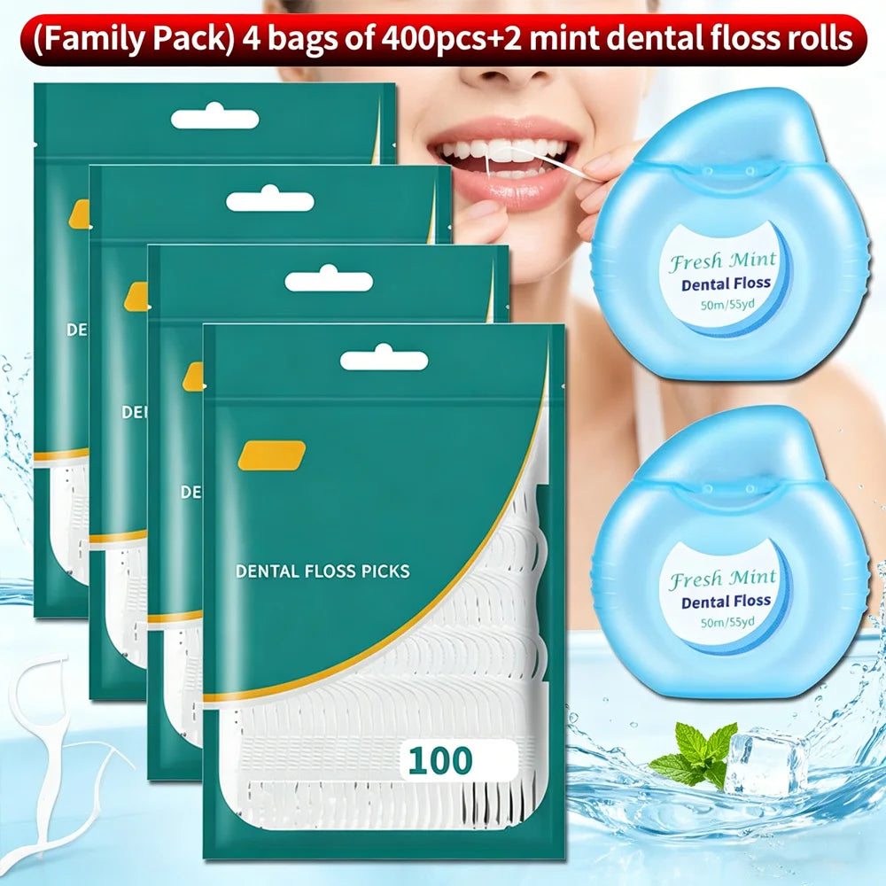 SWANS 400-Piece Dental Floss Picks & Mint Floss Roll Combo Dental Floss Set SWANS family pack