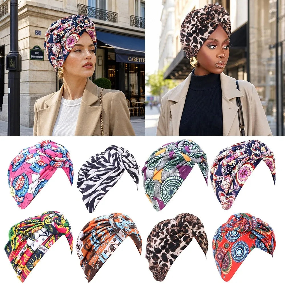 African Print Hijab Cap – Pleated Knotted Head Wrap | All Seasons Hijab Head Wrap SWANS