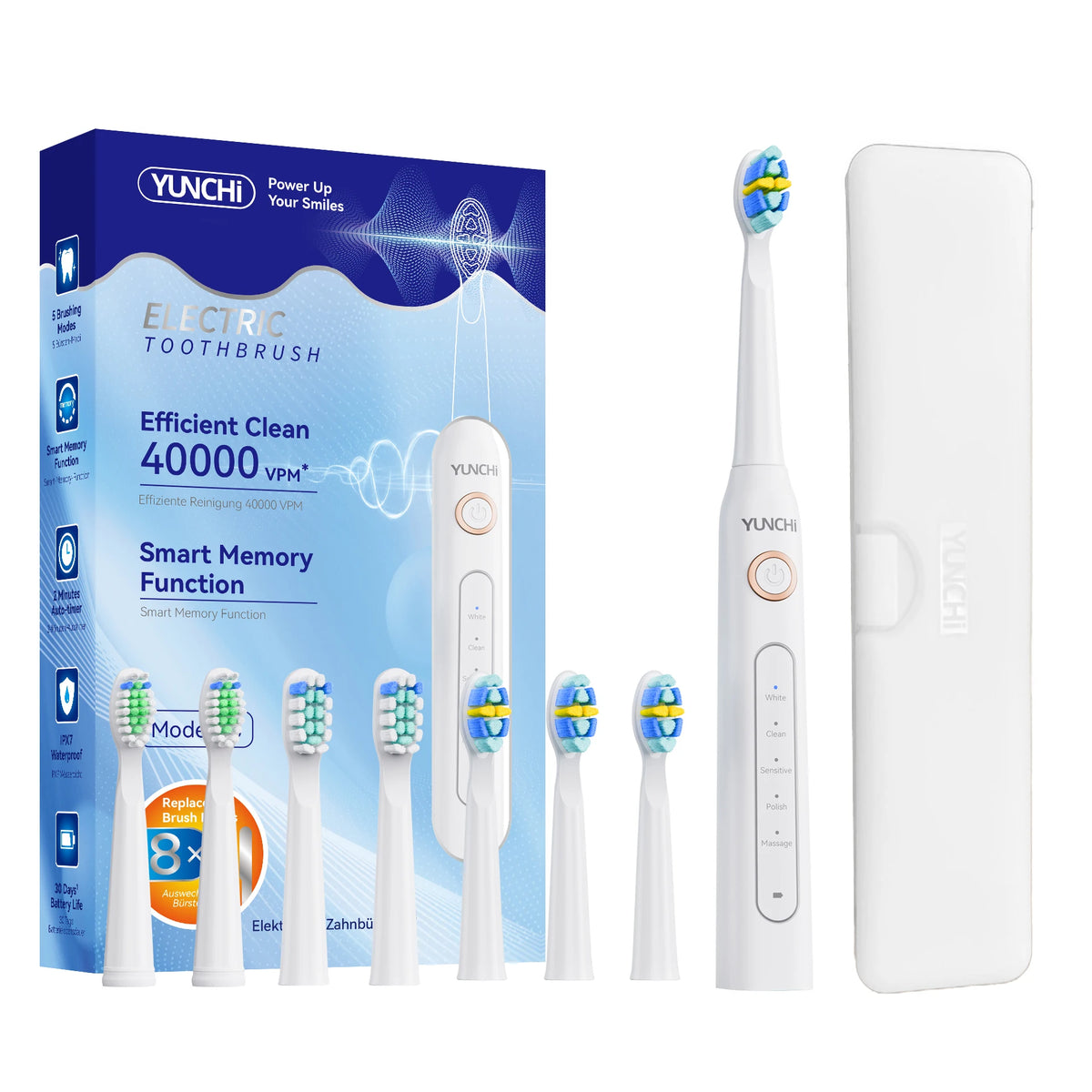 YUNCHi Y5 Sonic Electric Toothbrush 5 Modes & 8 Brush Heads Electric Toothbrush SWANS White