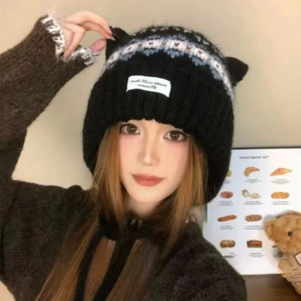 Cat Ear Beanie Women – Warm Windproof Knit Winter Hat Knit Winter Beanie SWANS