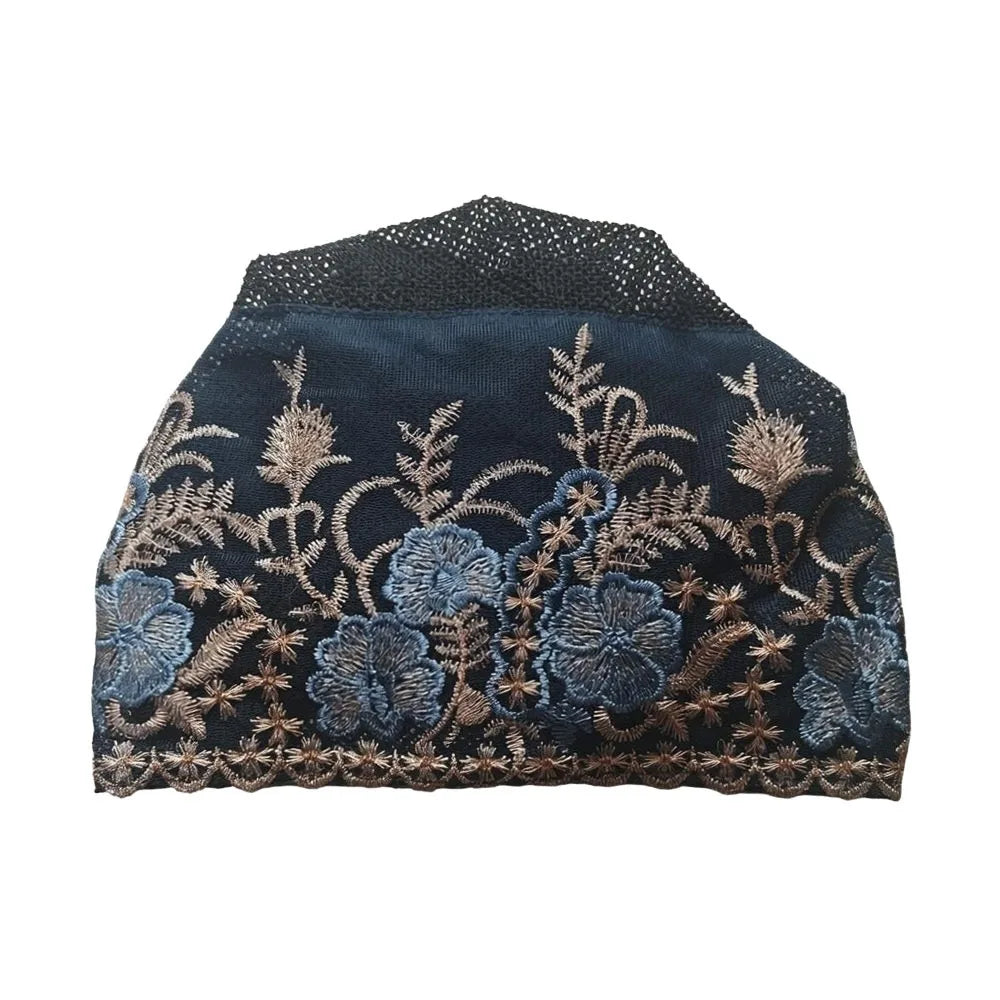 Flower Embroidery Turban Bonnet Hat – Breathable Full Coverage Turban Bonnet Hat SWANS Dark Blue
