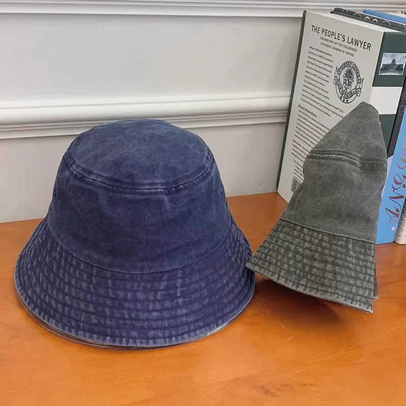 Retro Washed Denim Bucket Hat – Unisex Wide Brim Cap Denim Bucket Hat SWANS