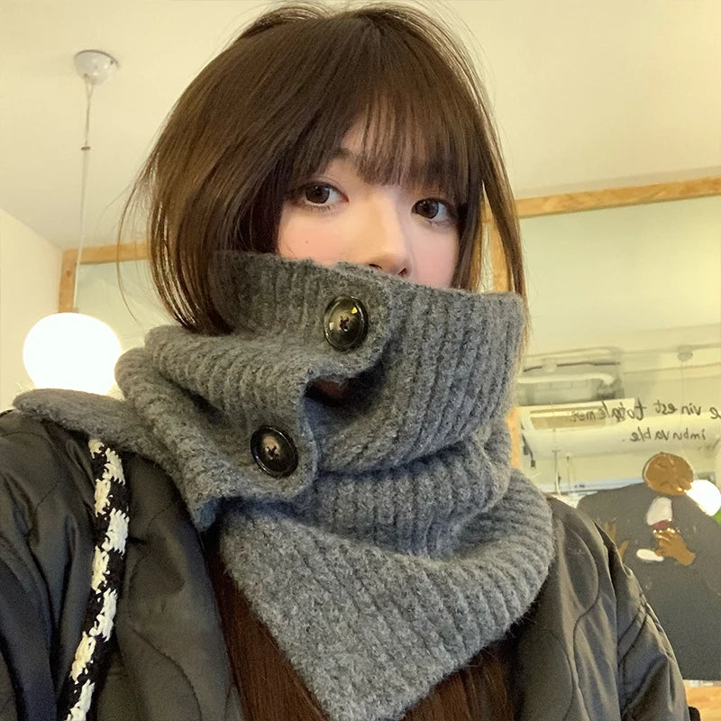 Women's Knitted Pullover Scarf – Winter Warm Button Shawl Knitted Winter Scarf SWANS deep gray One Size