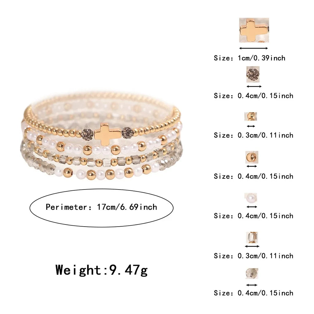 Women's Stackable Beaded Bracelet Set – Handmade Charm Jewelry Beaded Charm Bracelet SWANS Grey Clear Gold