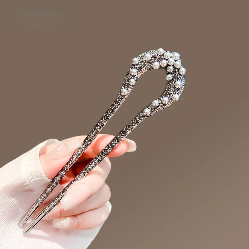 Pearl Leaf U-Shaped Hairpin – Chinese Style Hair Disc Clip U-Shaped Hairpin SWANS