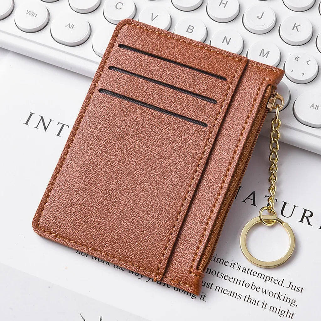 Zippered Card Wallet – Slim PU ID & Card Holder with Keyring Card Wallet Holder SWANS Brown