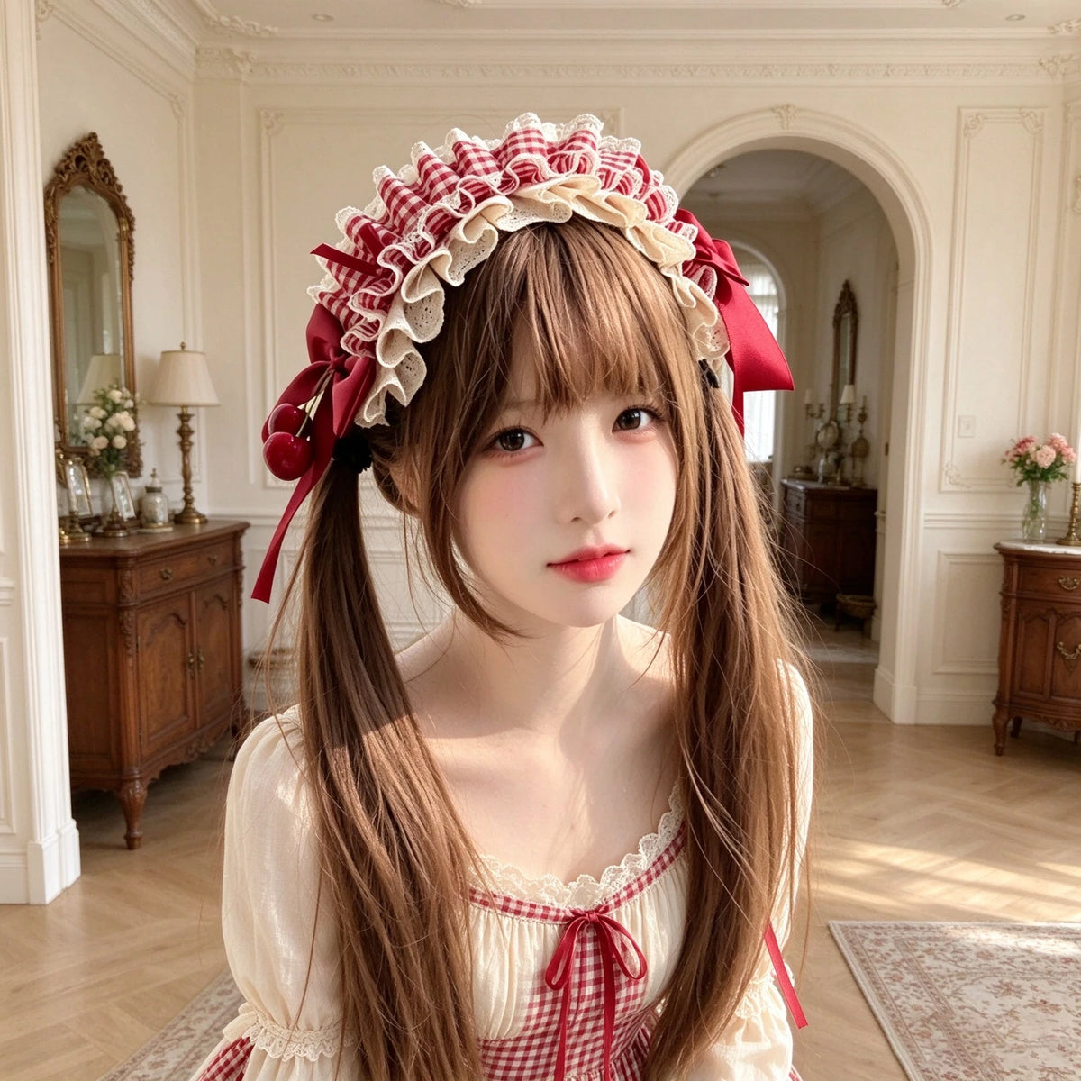 Lolita Cherry Headband Red Plaid Lace Ruffle Bow Hairband Lolita Hair Accessory SWANS