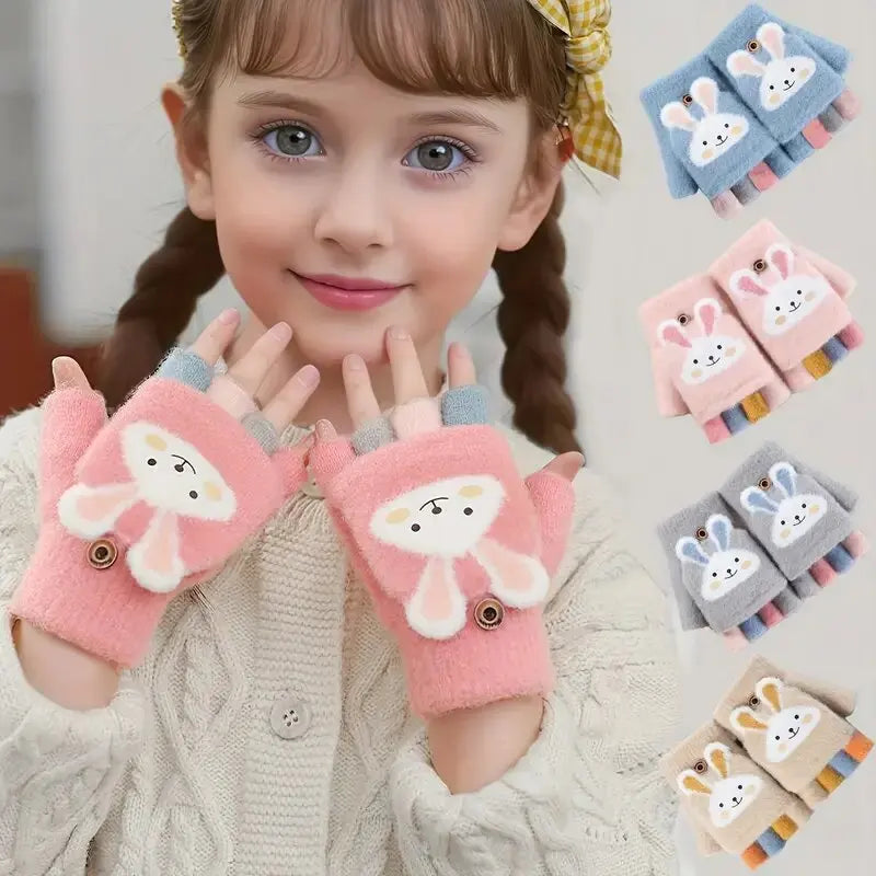 Girls' Flip-Top Winter Gloves – Warm Cartoon Knit Mittens Kids Winter Gloves SWANS