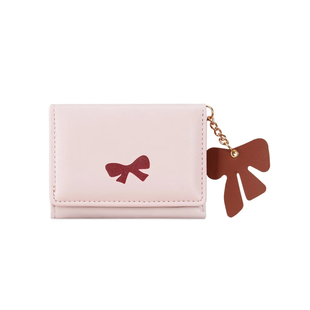 Women's Tri-Fold Coin Purse – PU Leather Bow Charm Wallet Women's Wallet SWANS Pink