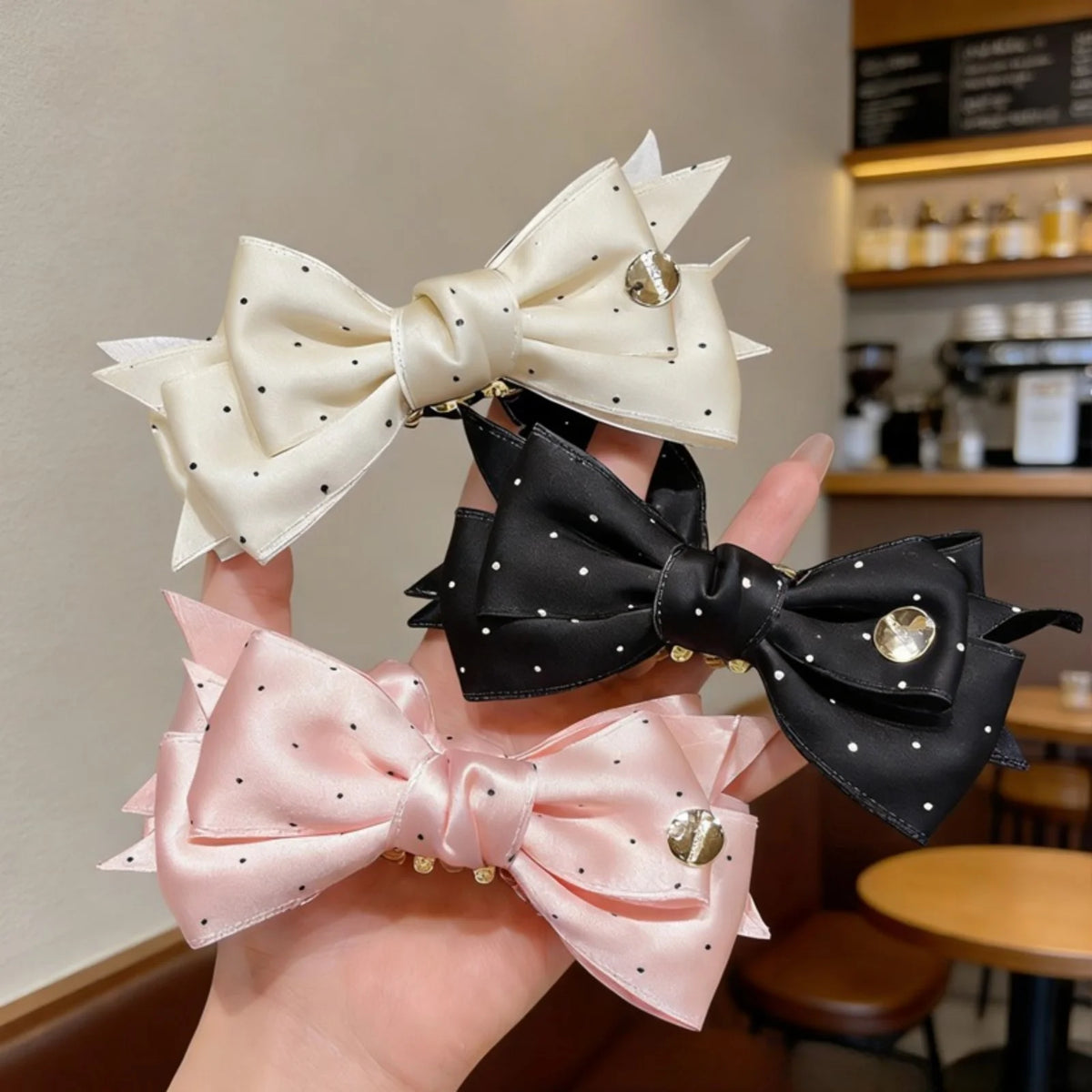 Polka Dot Satin Bow Hair Clip – Rhinestone Barrette for Women Hair Barrette Clip SWANS