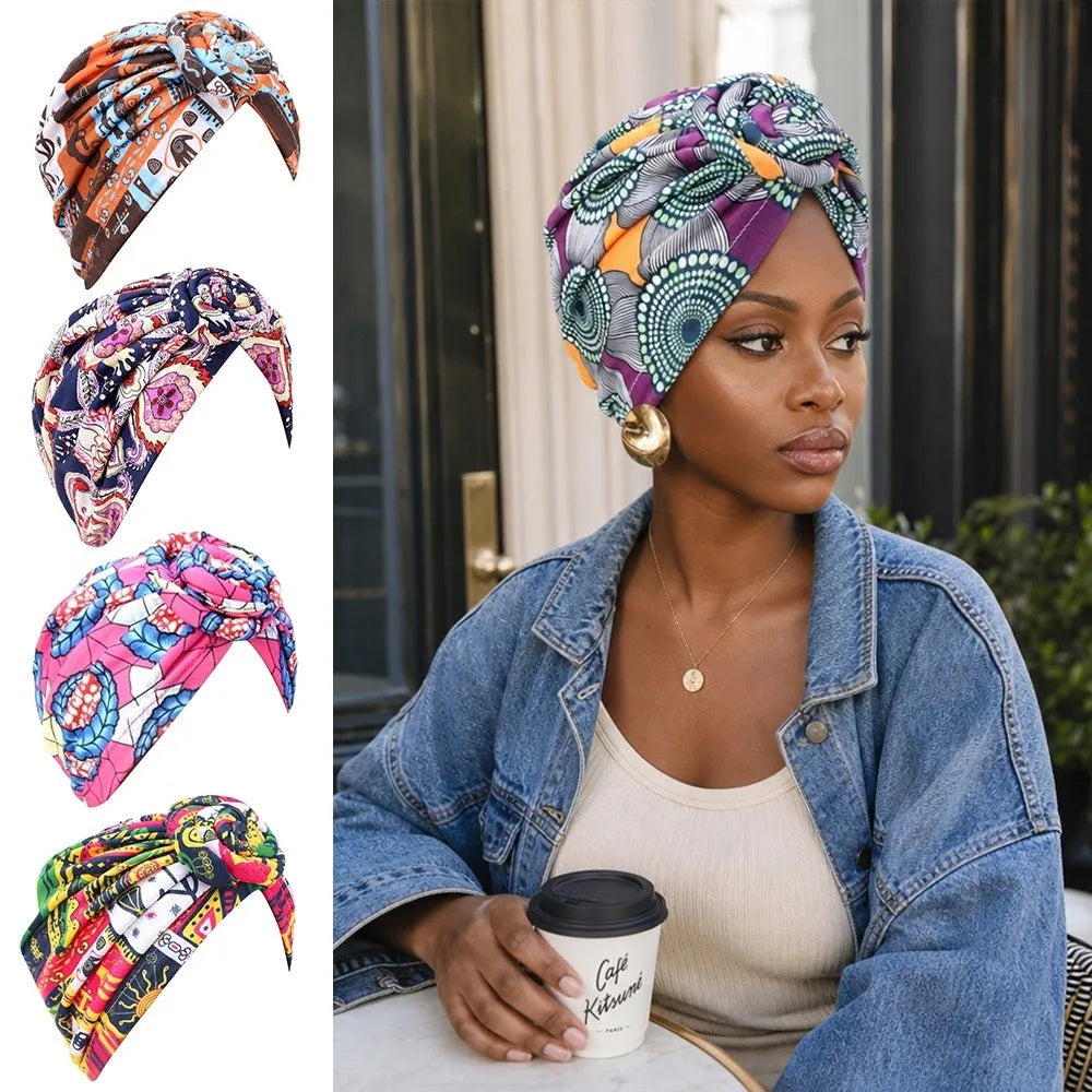 African Print Hijab Cap – Pleated Knotted Head Wrap | All Seasons Hijab Head Wrap SWANS