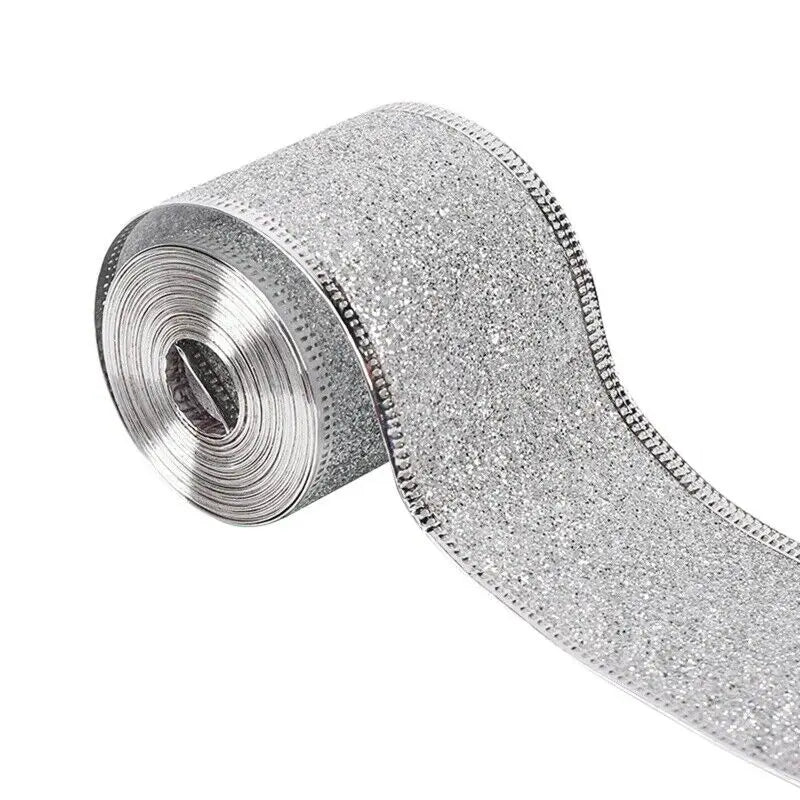 Wired Edge Glitter Ribbon 10 Yards – Christmas Craft Decoration Craft Ribbon SWANS Sliver