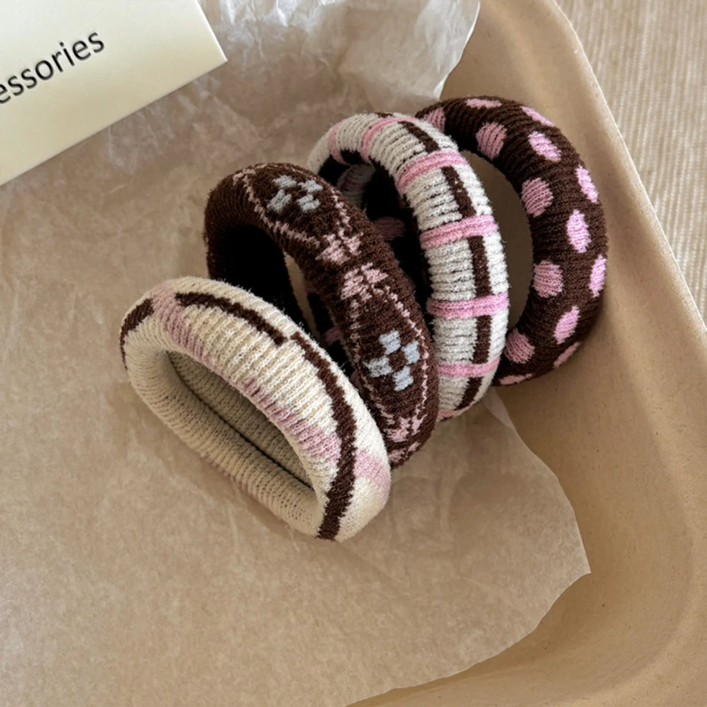 4-Pack Knitted Hair Ties – Vintage Fair Isle & Polka Dot Knitted Hair Ties SWANS 4PCS pink