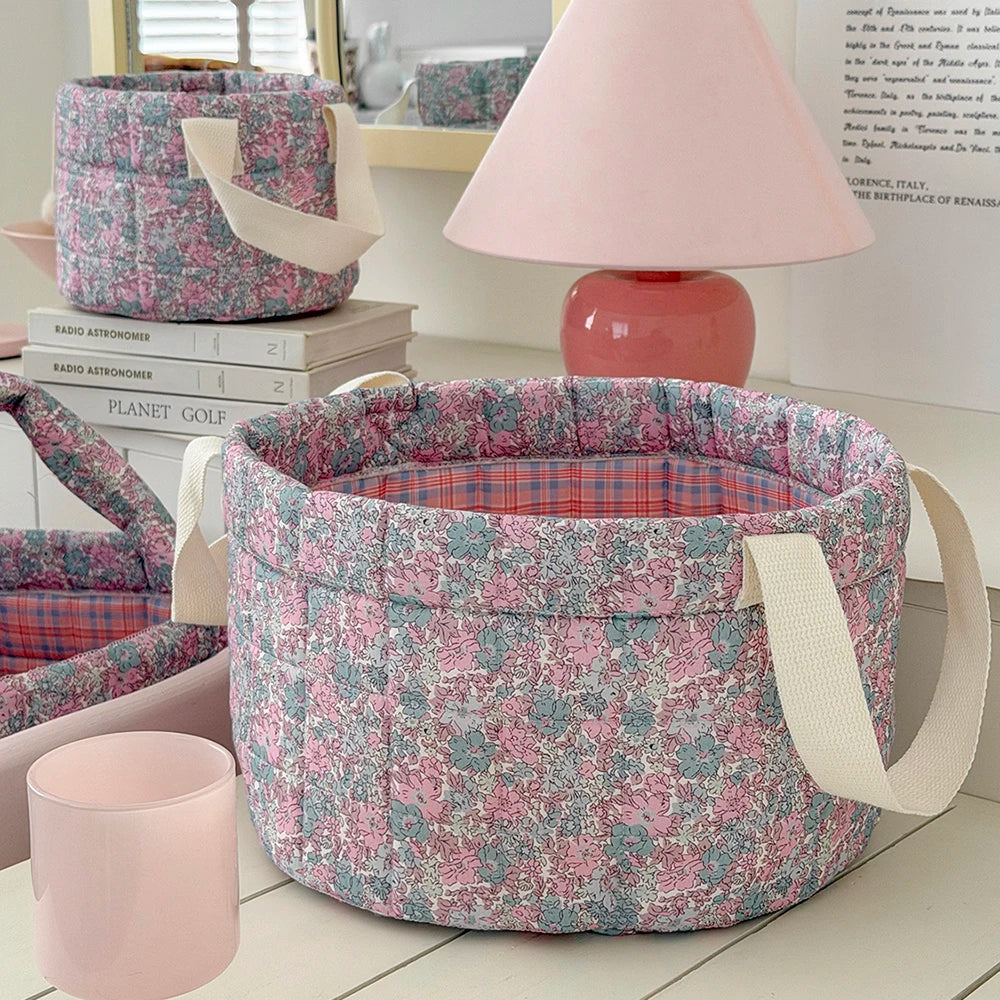 Vintage Floral Quilted Storage Basket with Handle | S/M/L Fabric Storage Basket SWANS