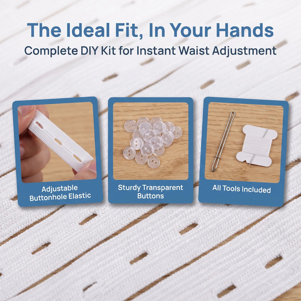 Adjustable Waist Tightener Kit – Elastic Band, Buttons & Threader Sewing Repair Kit SWANS