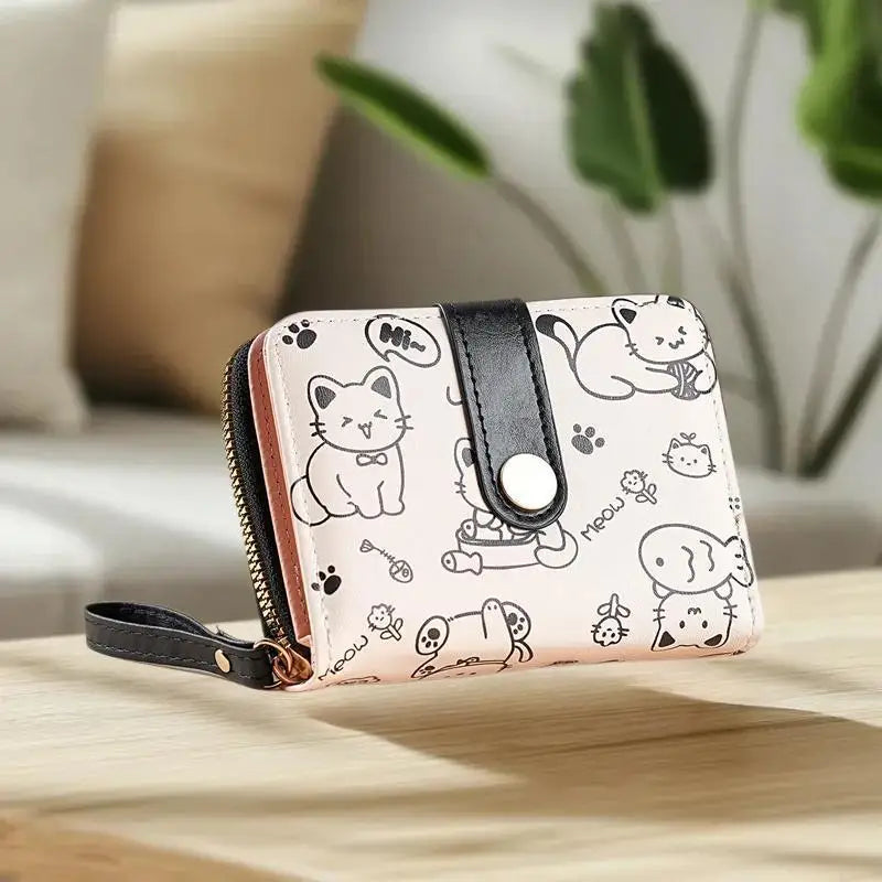 Lovely Cat PU Leather Folding Wallet – Women's Zipper Purse Folding Zipper Wallet SWANS