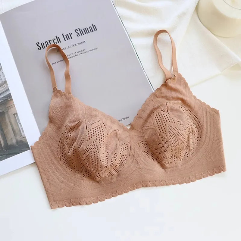 Natural Latex Wireless Lace Bra – Invisible 3/4 Cup Side Support Wireless Lace Bra SWANS Brown2-L One Size