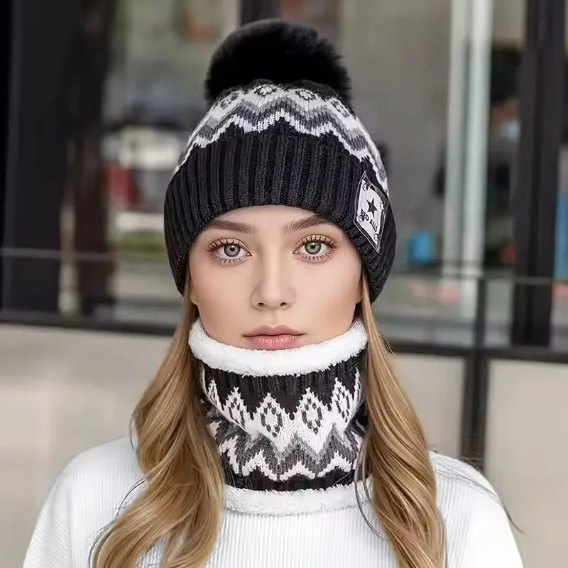Fleece-Lined Beanie & Neck Warmer Set – Winter Knit Hat Combo Winter Hat Set SWANS Black