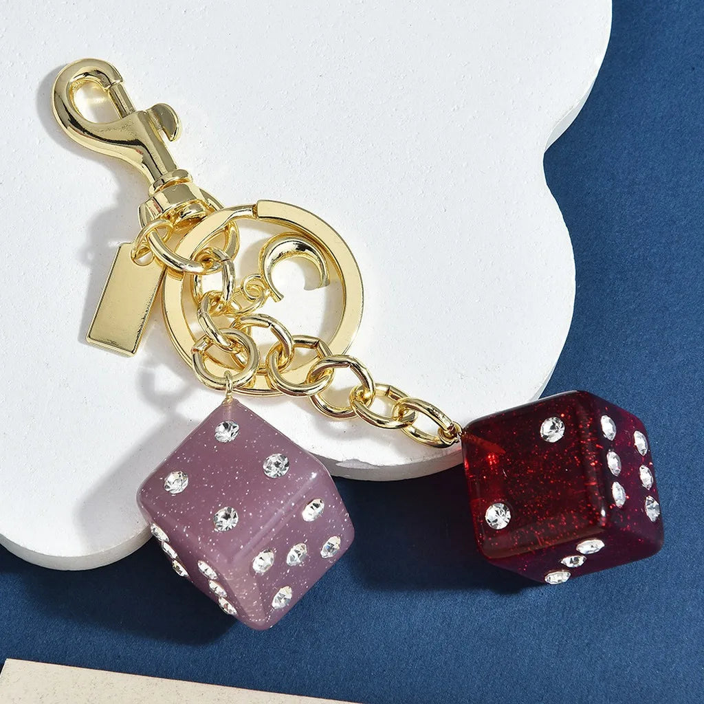 Rhinestone Dice Keychain – Glitter Alloy Geometric Pendant Fashion Keychain SWANS Purple Red