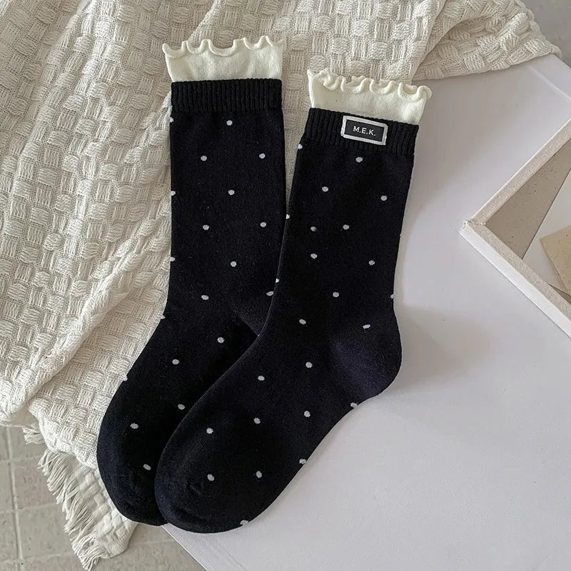 Women's Frilly Dot Cotton Socks – Soft Breathable Preppy Style Women's Fashion Socks SWANS Black One Size
