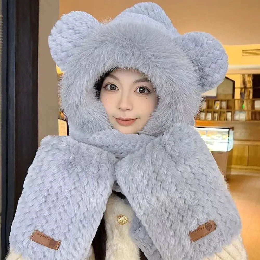 Women's Fluffy Hooded Scarf Hat Set – Windproof Winter Cap Winter Hat Scarf Set SWANS Grey