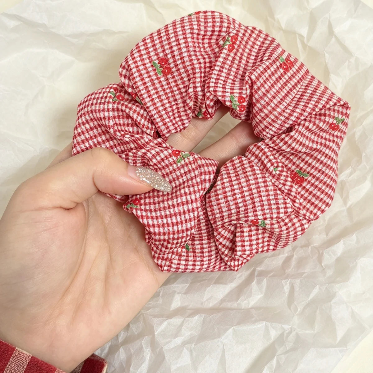 Christmas Cherry Gingham Scrunchie – Red Plaid Ponytail Holder Hair Scrunchie SWANS