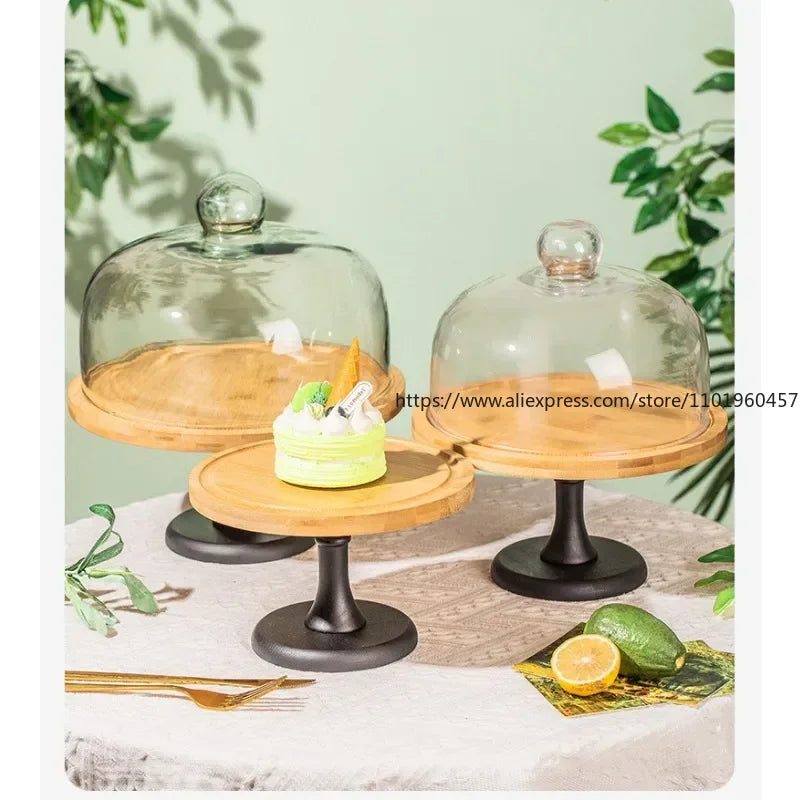 Wooden High-Foot Tray with Glass Cover – Cake & Dessert Stand Cake & Dessert Stand SWANS