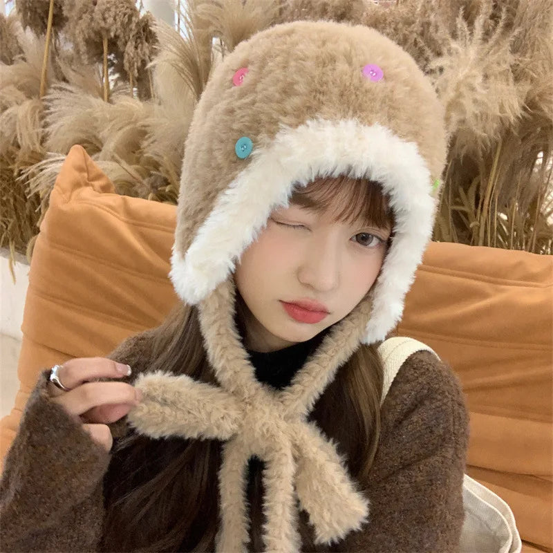 Women's Winter Plush Ear Flap Beanie – Faux Fur Knit Cap Winter Beanie Hat SWANS camel One Size
