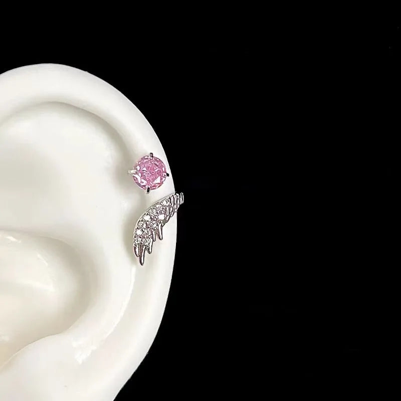 Silver Wing Zircon Stud Earrings – Trendy Fashion Jewelry Women Stud Earrings SWANS Pink - Left Ear