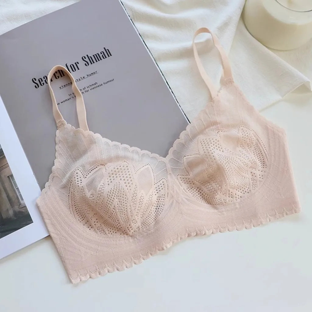 Natural Latex Wireless Lace Bra – Invisible 3/4 Cup Side Support Wireless Lace Bra SWANS Beige-M One Size