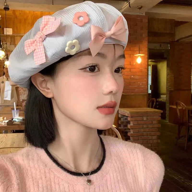 Women's Cotton Beret Hat – Bow Flower Button Octagonal Cap Women's Beret Hat SWANS