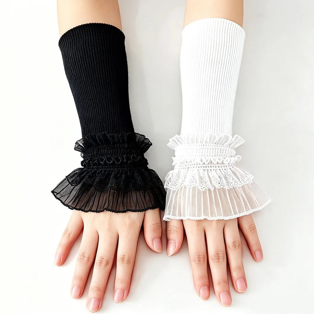 Lace Trim Fingerless Arm Warmers – Knit Ruffle Cuff Sleeves Fingerless Arm Warmers SWANS