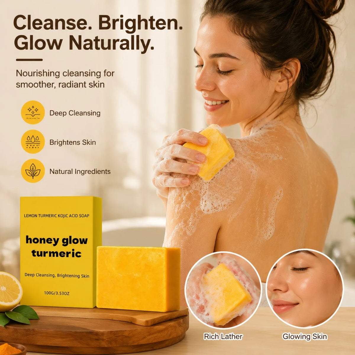 Turmeric Kojic Acid Honey Glow Soap – Lemon Face & Body Bar Cleansing Bar Soap SWANS