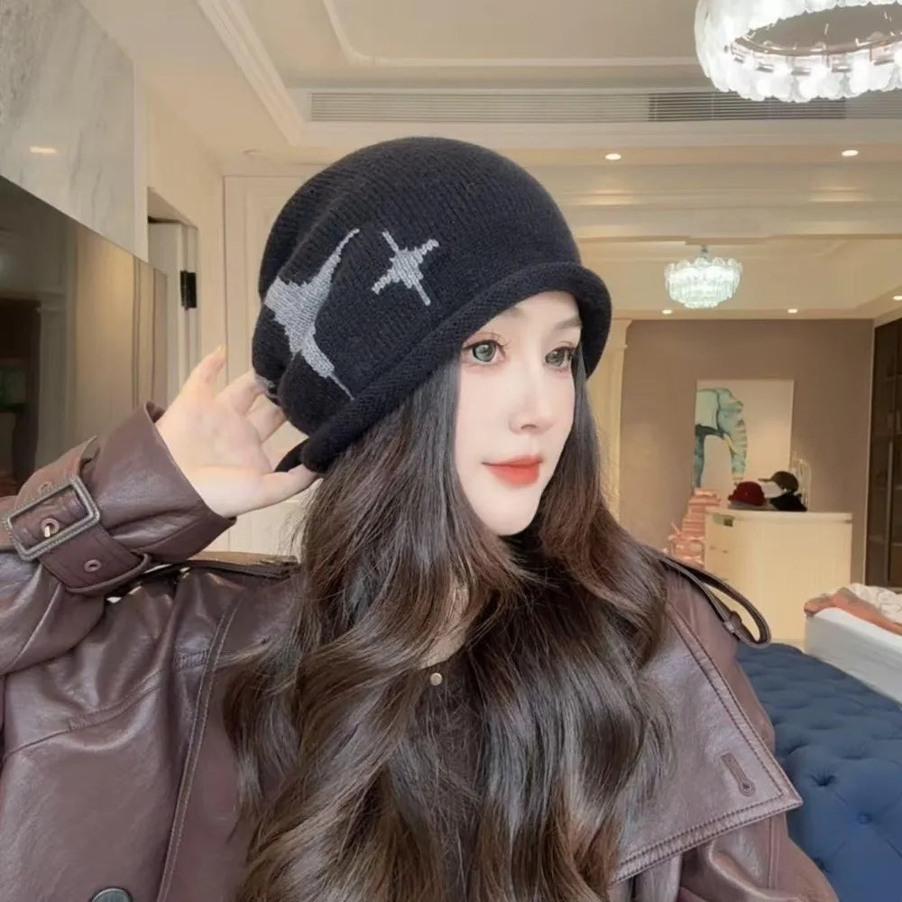 Women's Star Pattern Knit Beanie – Windproof Drawstring Winter Hat Knitted Winter Beanie SWANS