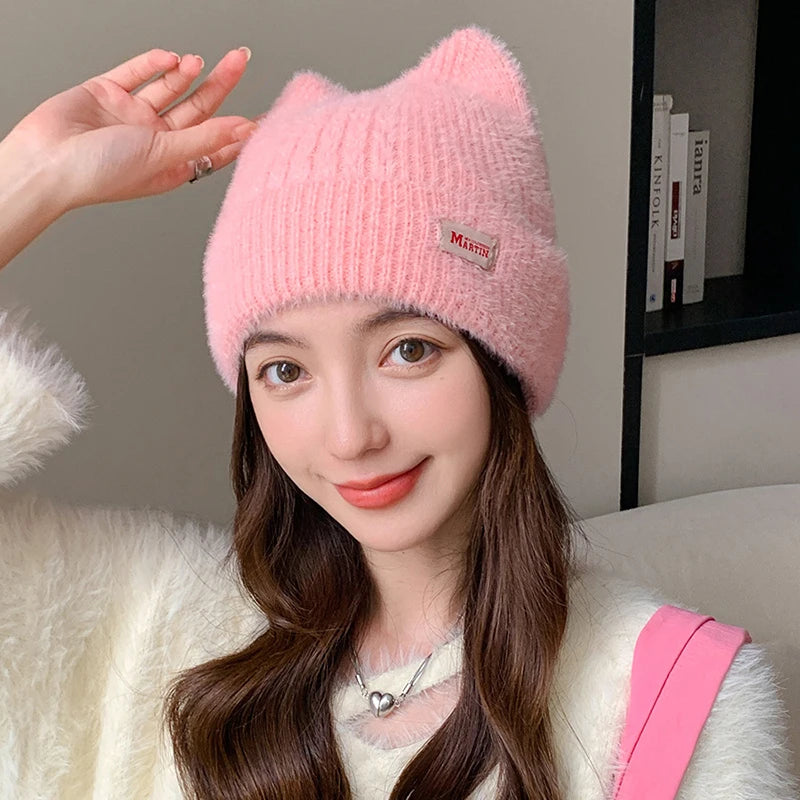 Cat Ears Knitted Beanie – Women's Winter Plush Pullover Hat Knitted Beanie Hat SWANS