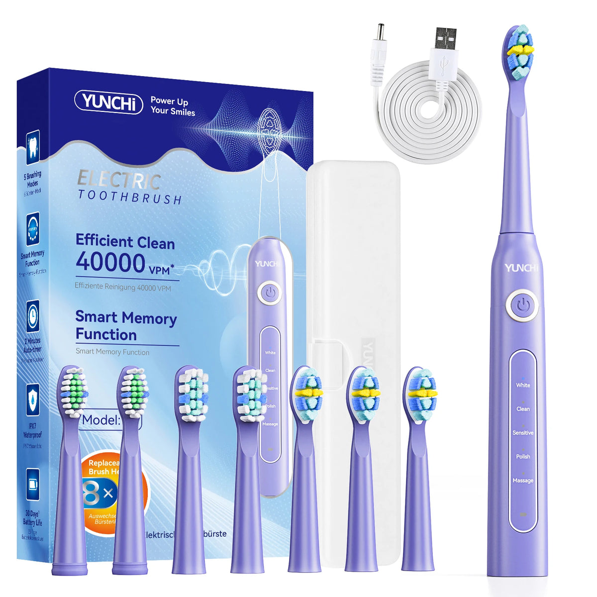 YUNCHi Y5 Electric Toothbrush | 5 Modes, IPX7, 8 Brush Heads Electric Toothbrush SWANS Purple USB Type-C