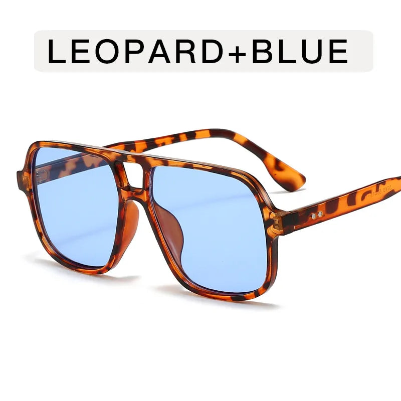 Y2K Oversized Double Bridge Square Sunglasses UV400 Fashion Sunglasses SWANS Leopard Blue