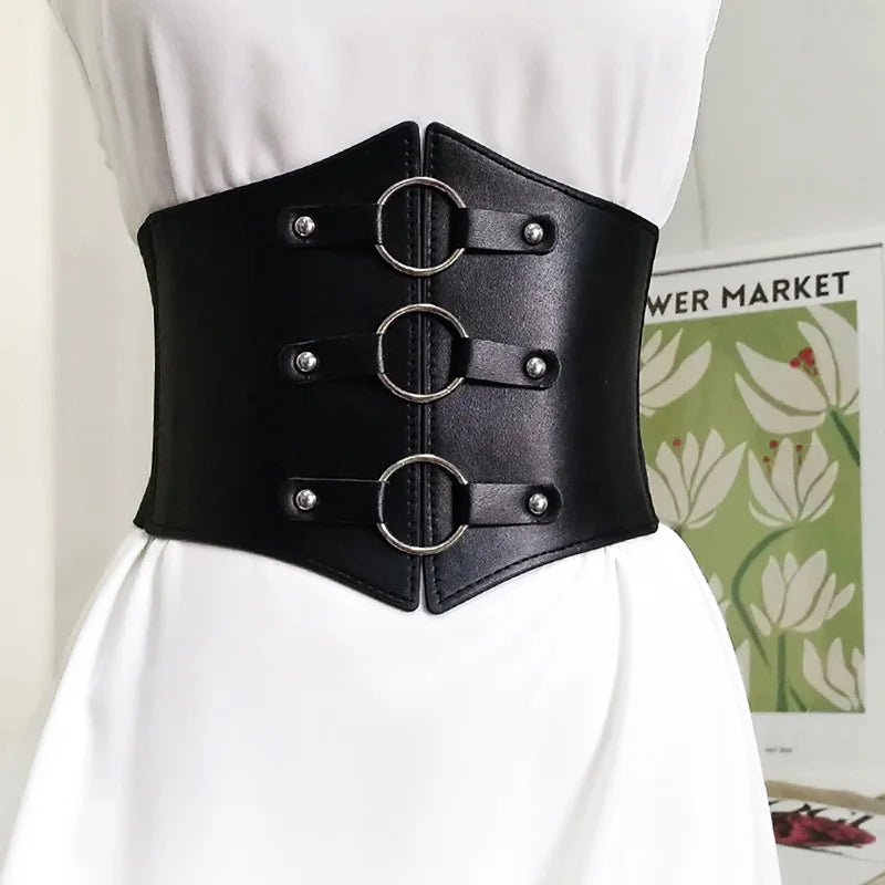 Women's Wide Corset Belt – Black Faux Leather Lace-Up Girdle Corset Waist Belt SWANS AC elastic