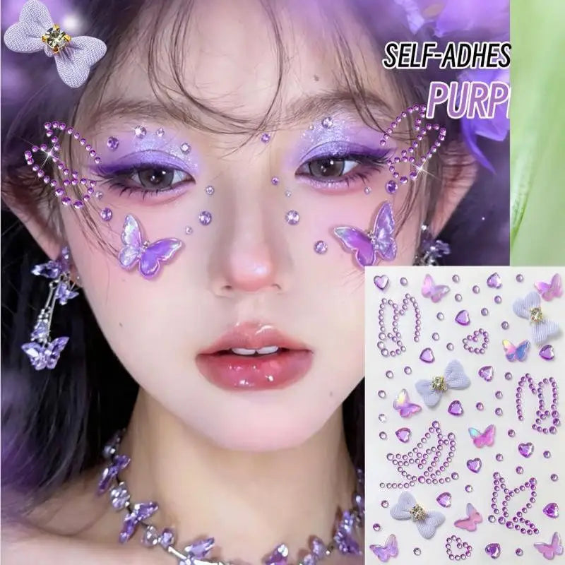 3D Rhinestone Face Jewel Stickers – Glitter Gems & Bow Sheet Face Jewel Stickers SWANS A5