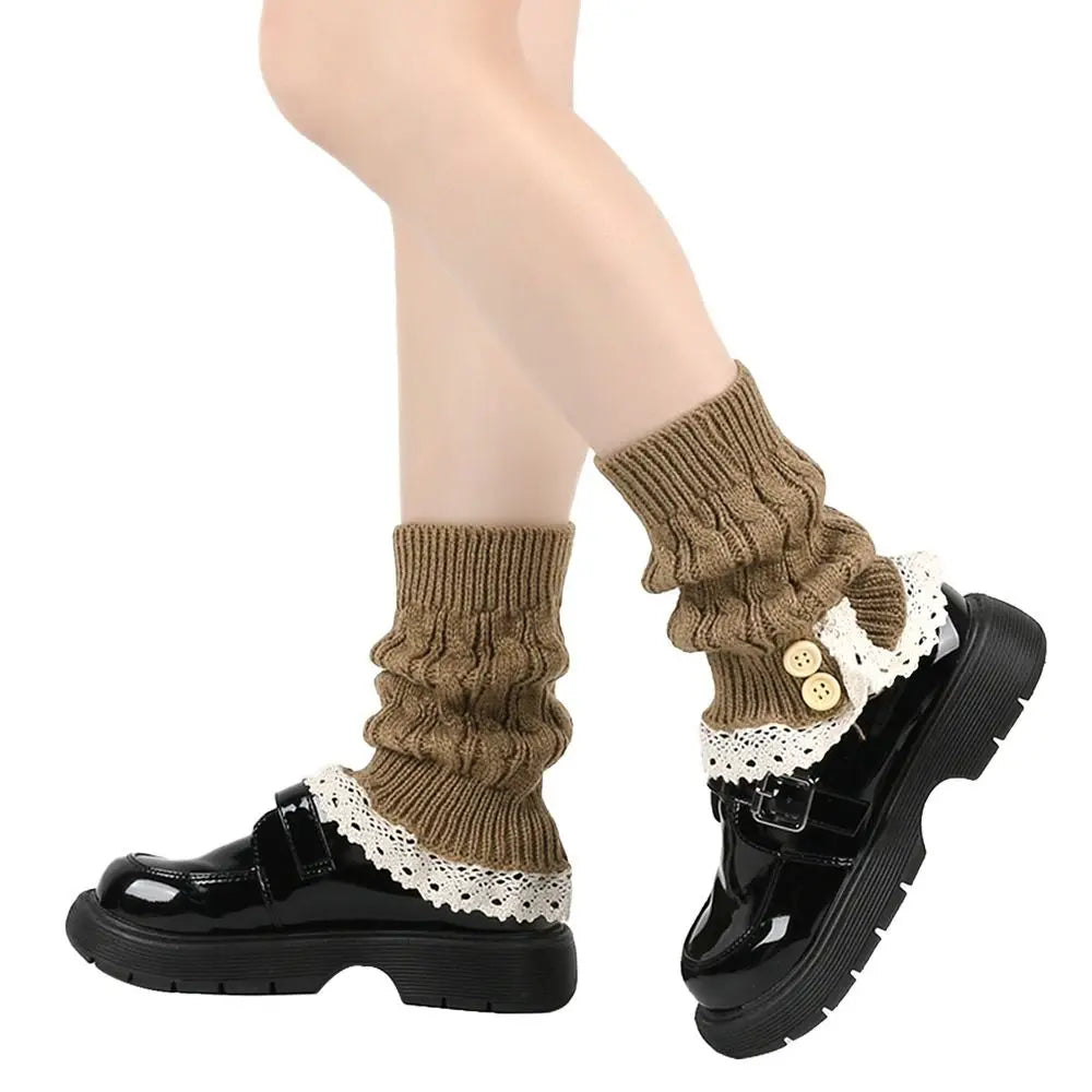 Women's Lolita Ruffle Leg Warmers – Harajuku Knit Boot Socks Knit Leg Warmers SWANS One Size Khaki