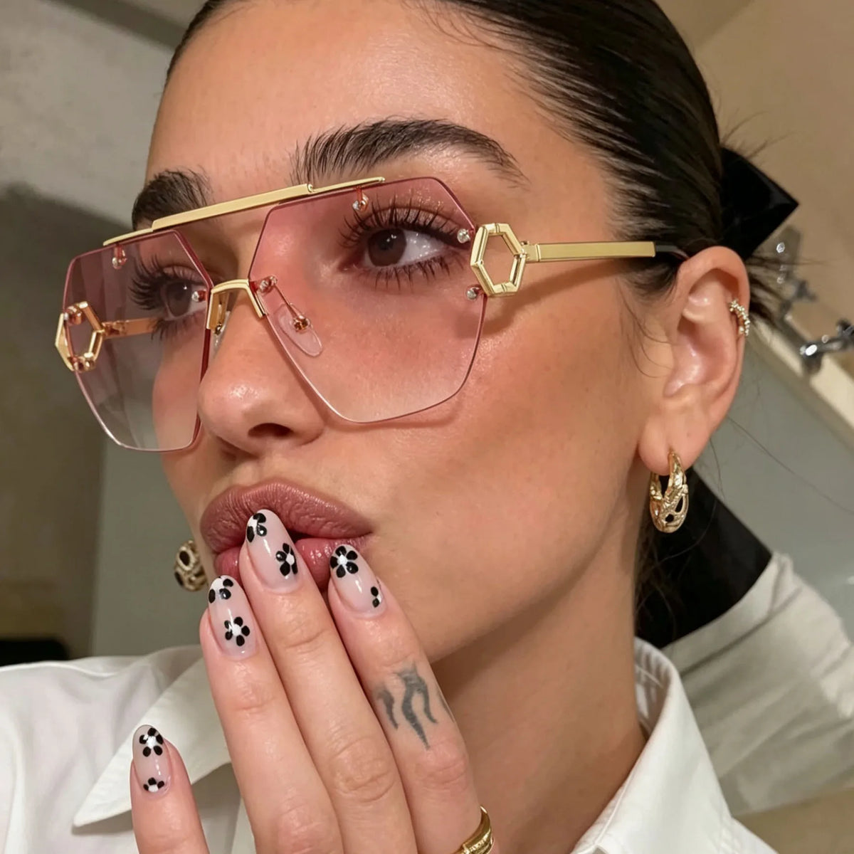 Y2K Rimless Pilot Sunglasses Double Bridge Rivet Metal Unisex Fashion Sunglasses SWANS