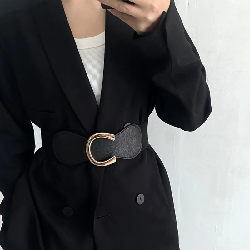 Women's Wide Elastic Belt – Black PU Leather Gold Buckle Wide Waist Belt SWANS