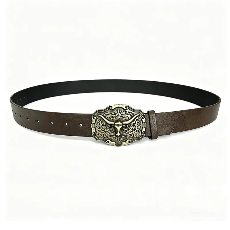 Western Cowboy PU Leather Belt – Bull Head Buckle Unisex Leather Belt SWANS Coffee 122cm