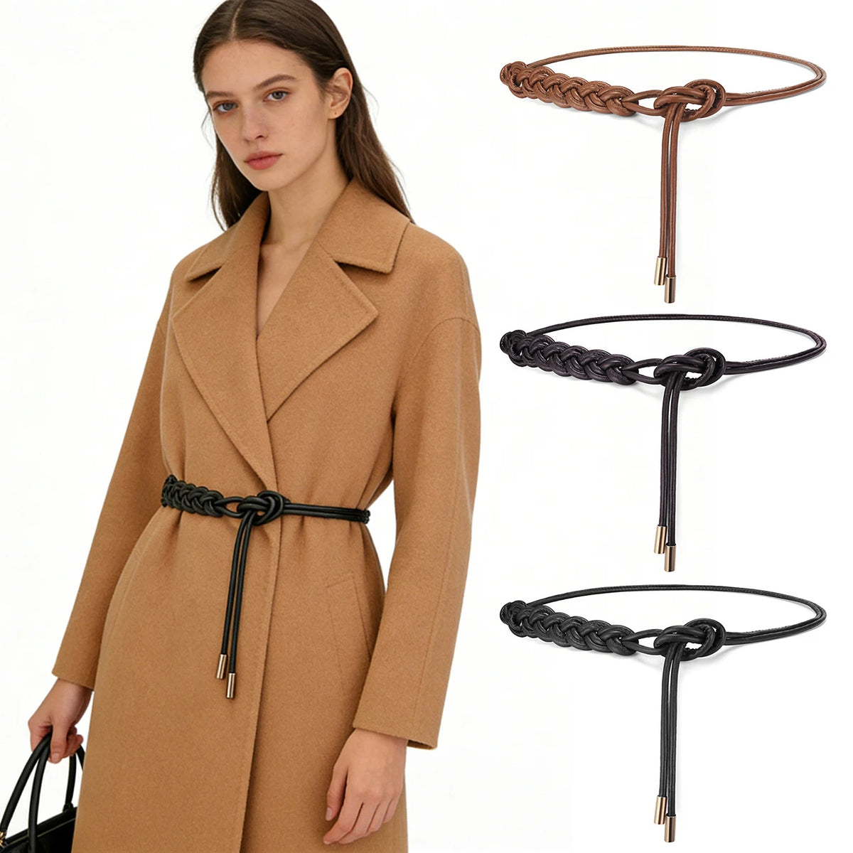 Women's Thin PU Leather Knit Waist Belt – Adjustable Cord Women's Waist Belt SWANS