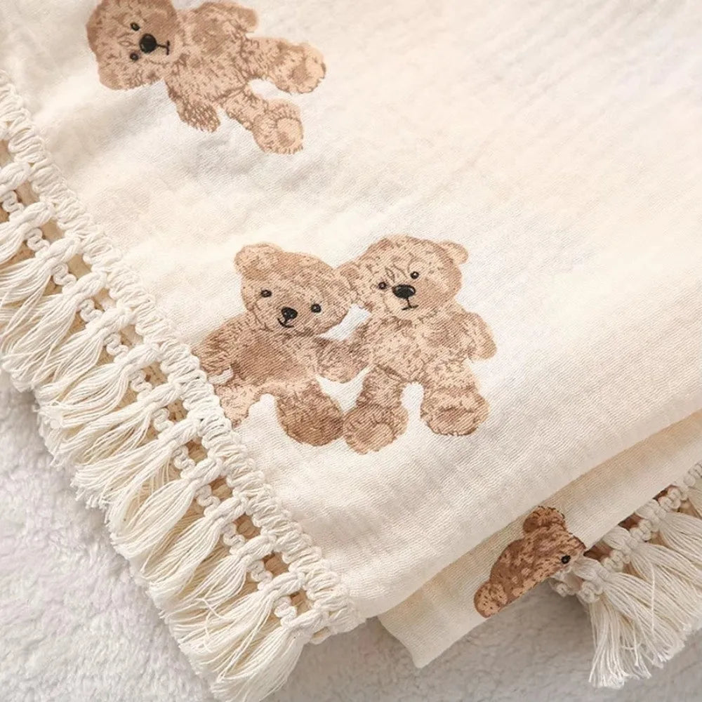 SWANS Cotton Muslin Baby Blanket – Soft Bear Plaid Design Baby Muslin Blanket SWANS