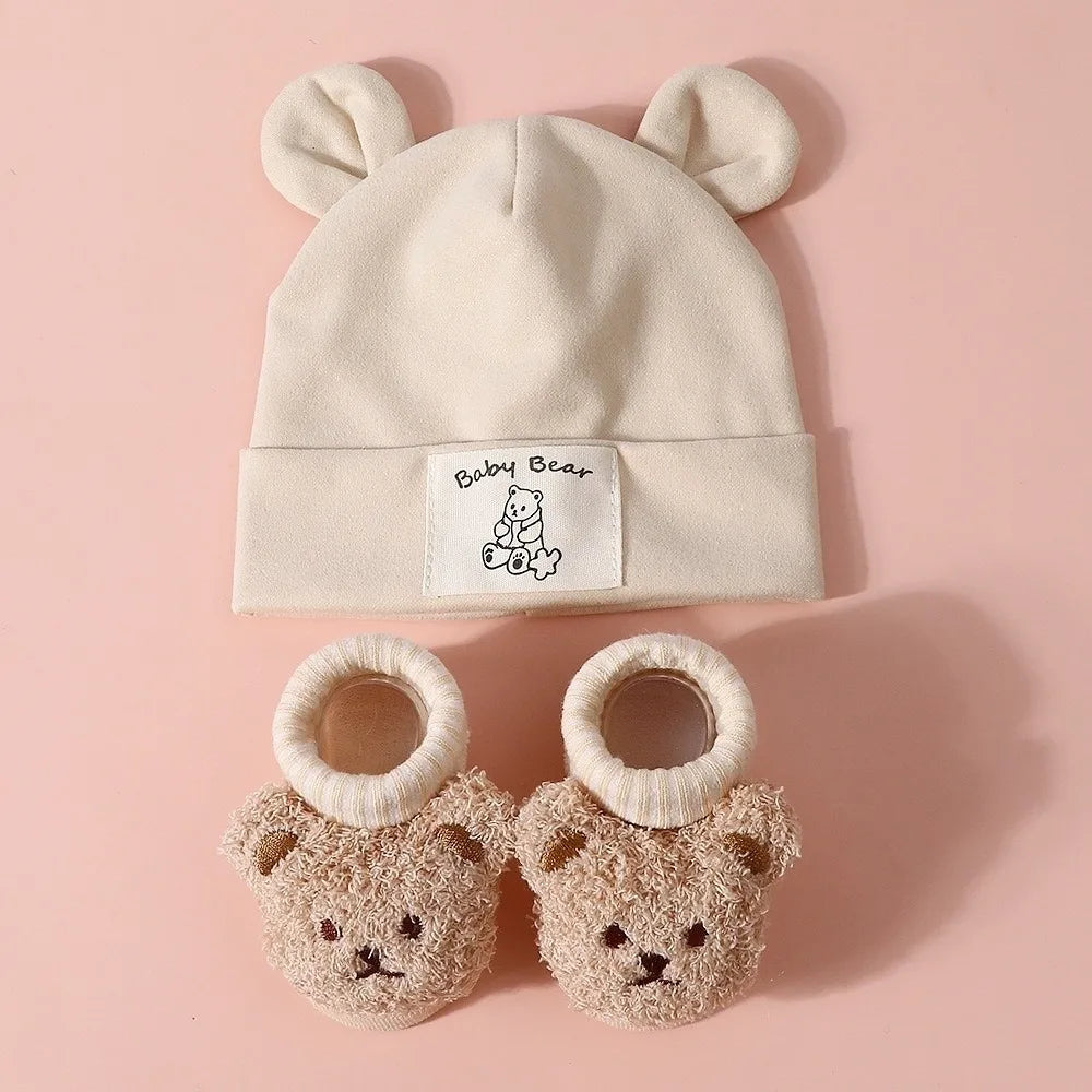 Newborn Bear Ear Beanie & Socks Set – Soft Cotton 2-Piece Baby Hat & Socks Set SWANS Beige